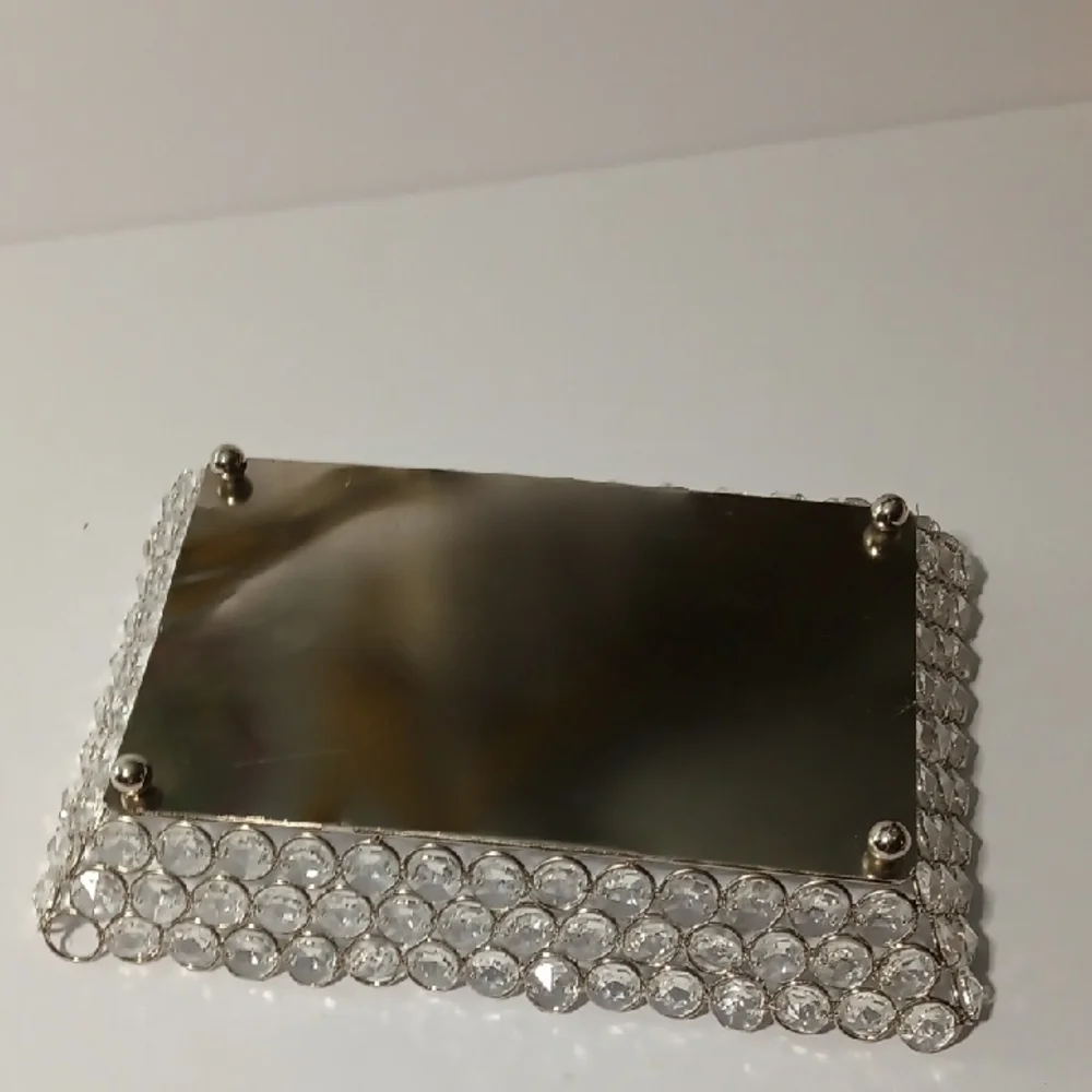 Elegant Silver Beaded Mirror Vanity Tray 10 Inches Long And 7 Inches Wide